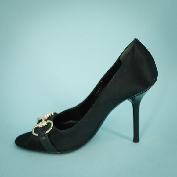 Gucci Size 6 Black Satin Rhinestone Horsebit Open Peep Toe High Heels Pumps - Picture 2 of 10